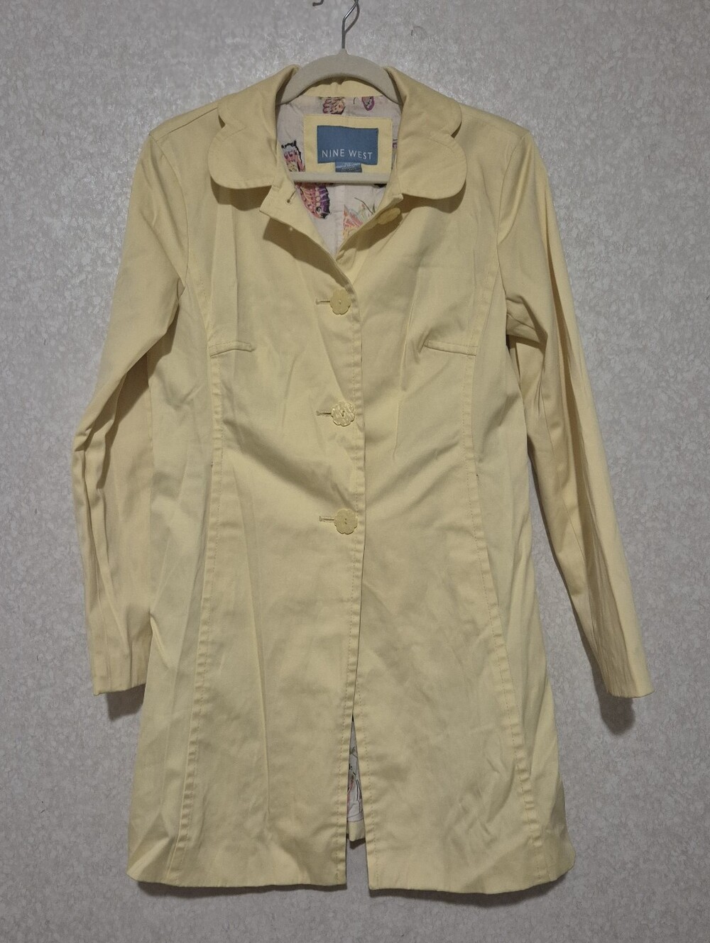 Nine West Pale Yellow Spring-Summer Trench Coat-flower Button-Size:S